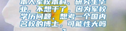 本人军校本科、研究生毕业，不想干了，因为军校学历问题，想考一个国内名校的博士，可能性大吗？